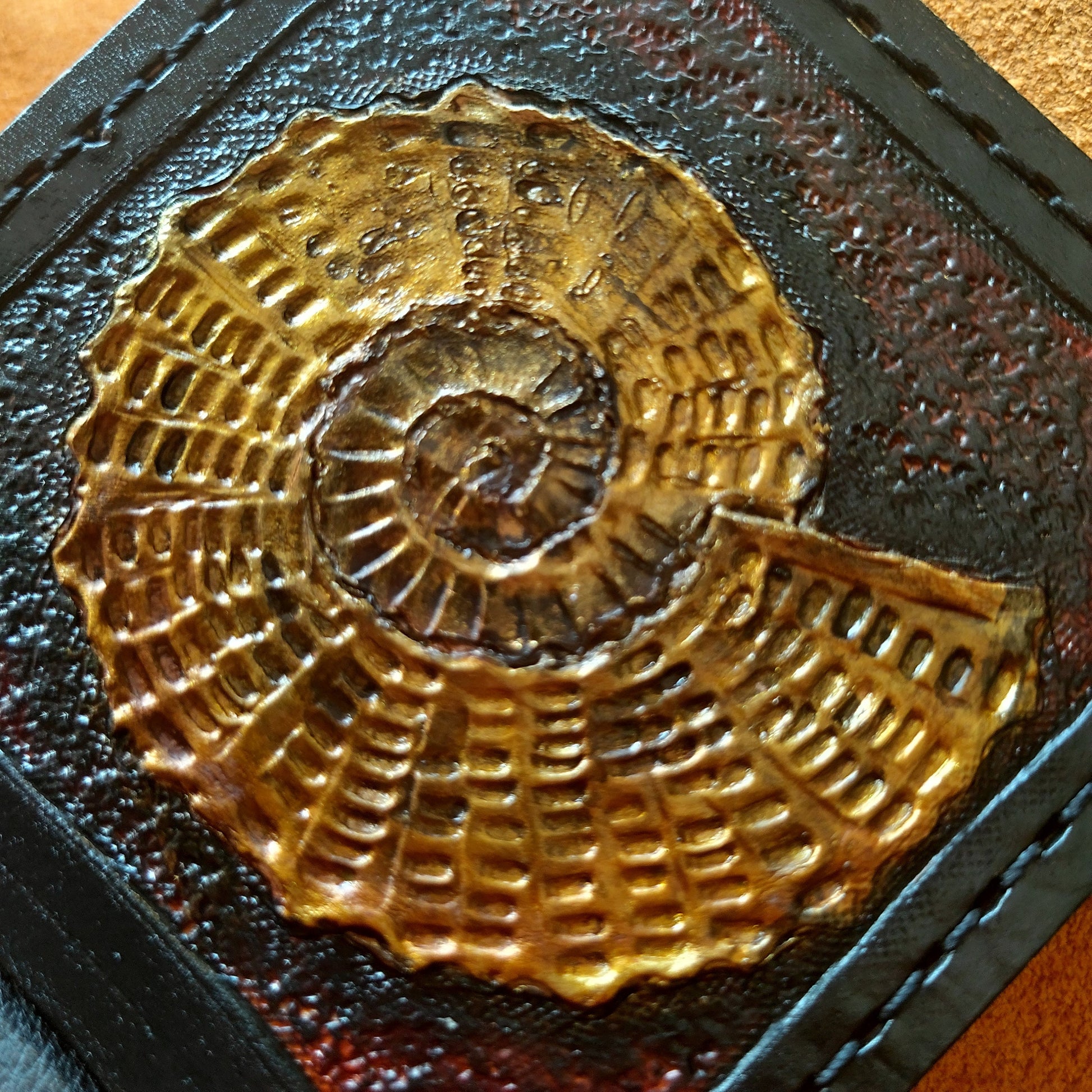 Ammonite Fossil - Leather Bifold Wallet - you choose mettalic gold, brown or black for the fossil -