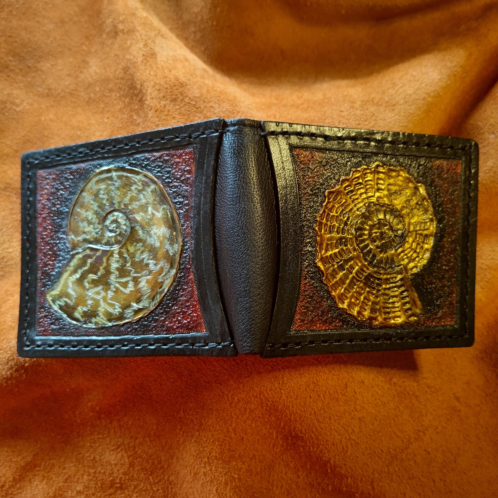 Ammonite Fossil - Leather Bifold Wallet - you choose mettalic gold, brown or black for the fossil -