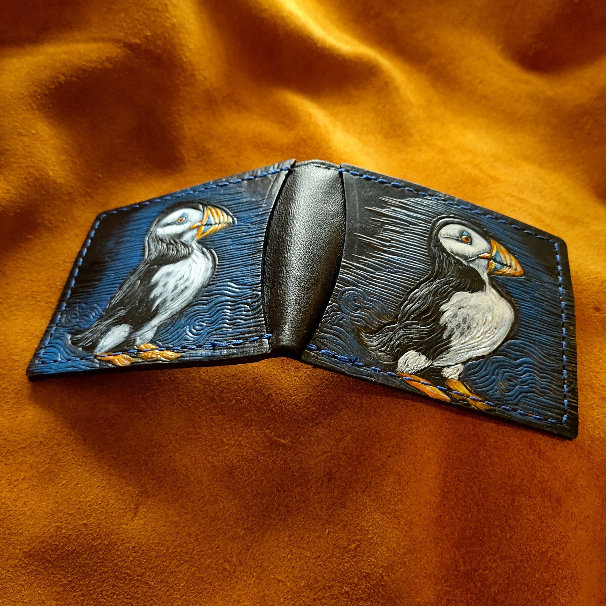 Puffin leather wallet- Leather Bifold Wallet - Handcrafted -