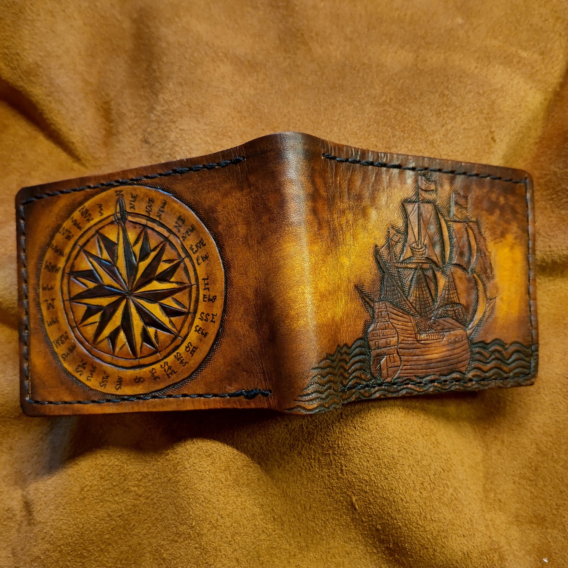 Wanderlust - Galleon - Sea fairer - Compass - TravelLeather Bifold Wallet - Handcrafted Skull Wallet -