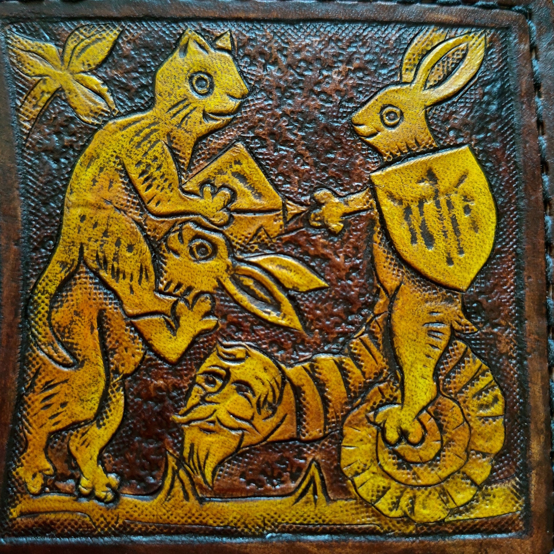 Marginalia medieval rabbit jousting - leather wallet- Dark Brown and ivory colour - Leather Bifold Wallet - Handcrafted