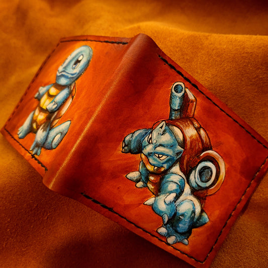 Squirtle and Blastoise - Leather Bifold Wallet - Handcrafted Wallet -