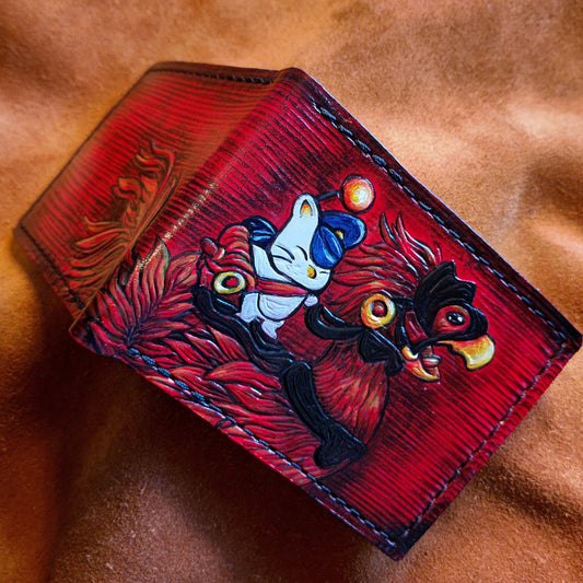 FF14 Red Chocobo and moogle Rider - dark brown Leather Bifold Wallet - Handcrafted Final Fantasy 14 inspired Wallet -