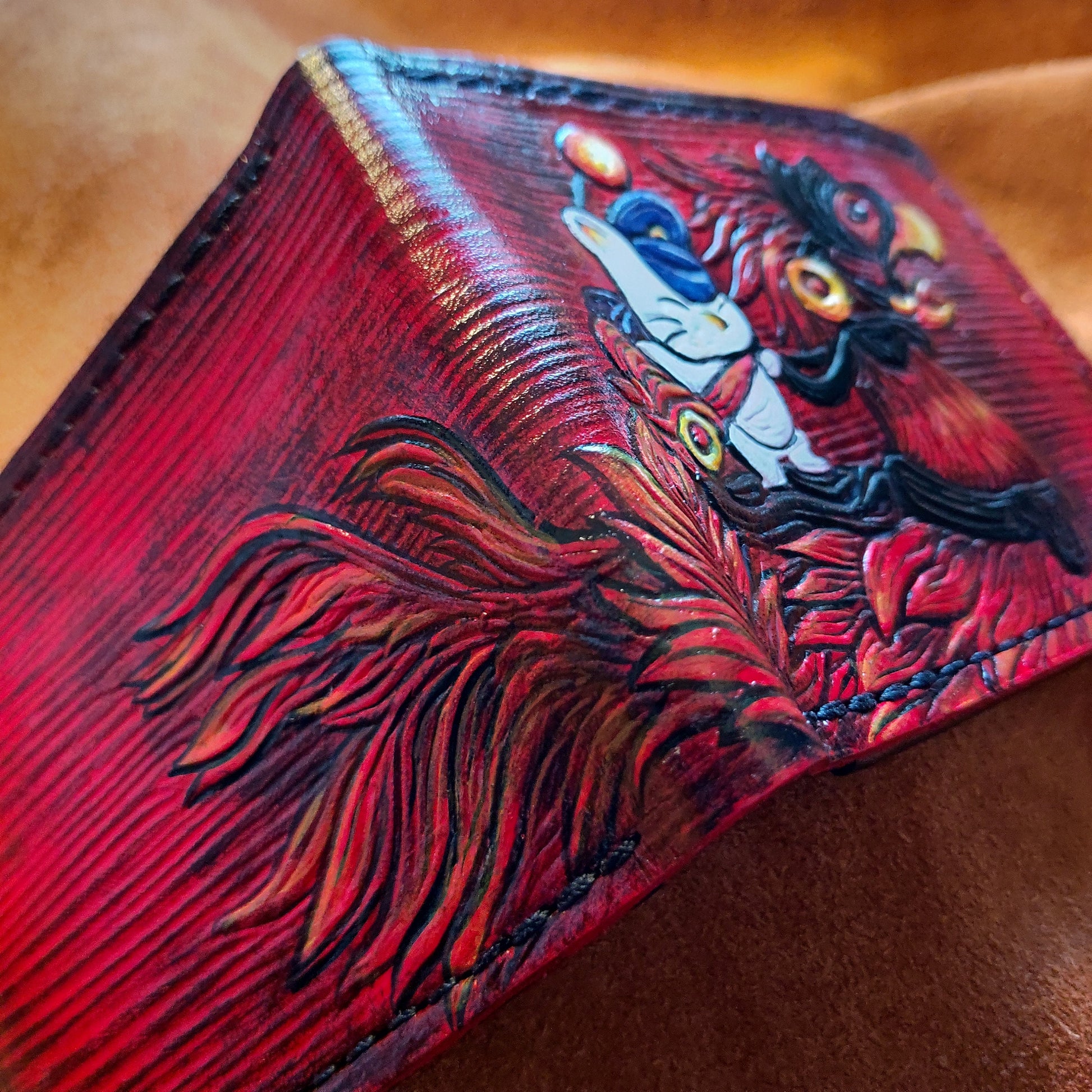 FF14 Red Chocobo and moogle Rider - dark brown Leather Bifold Wallet - Handcrafted Final Fantasy 14 inspired Wallet -