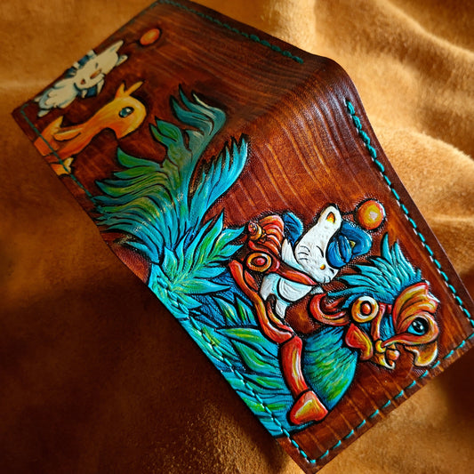 Chocobo and baby, Mog and moogle messenger - meadow green - Handcrafted Final Fantasy 14 inspired Wallet -