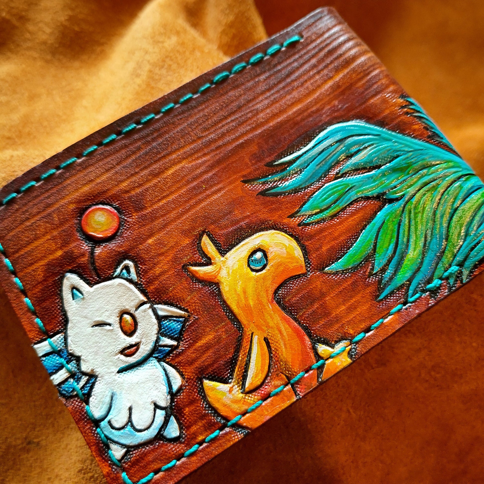 Chocobo and baby, Mog and moogle messenger - meadow green - Handcrafted Final Fantasy 14 inspired Wallet -