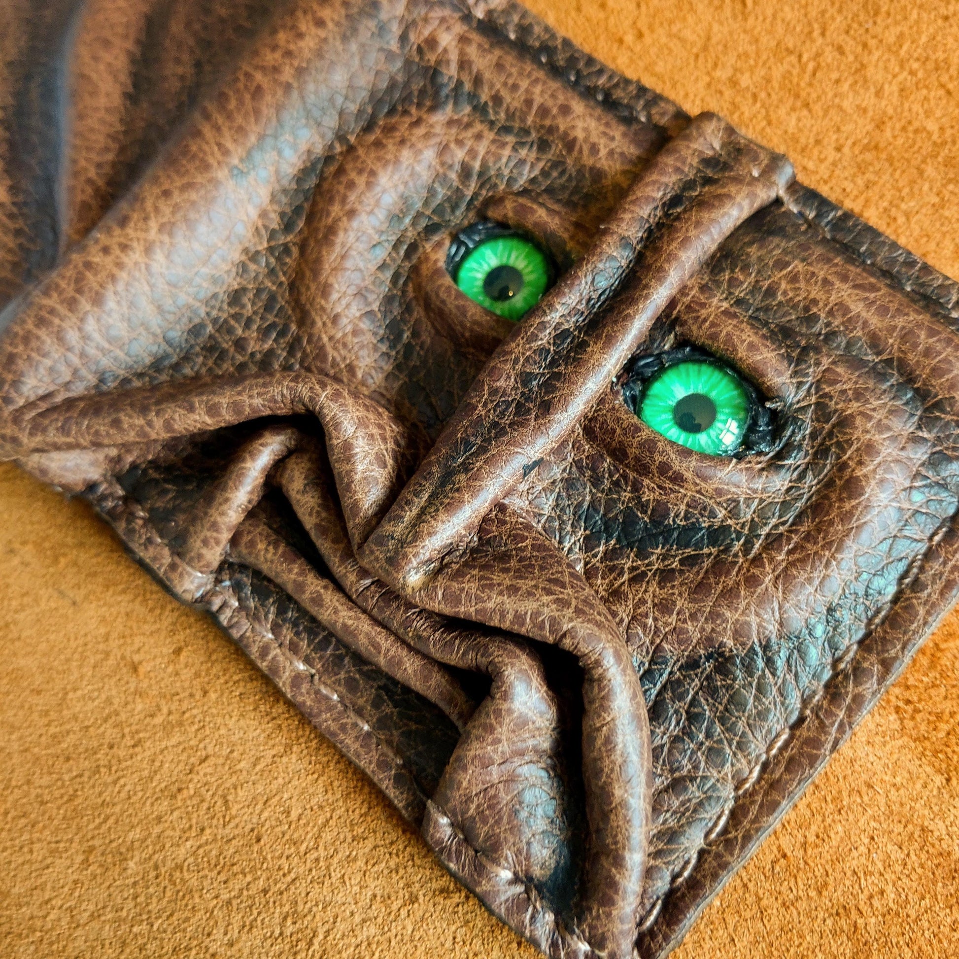 Gnome King -Green eyes brown version - Necromonicon - Oz - demon eyes - monster face - Leather wallet.