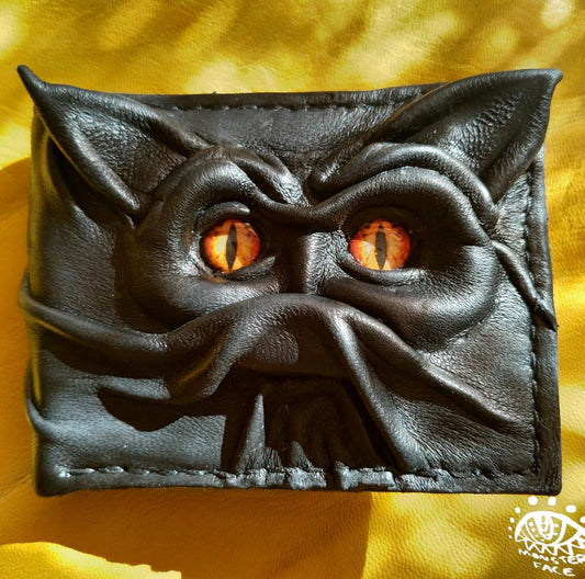 Bat cat monster face leather wallet - demon eyes - Leather wallet.
