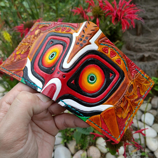 Burgandy Majoras Mask leather wallet- Leather Bifold Wallet - azure thread - Handcrafted Legend of Zelda Wallet - Link Wallet