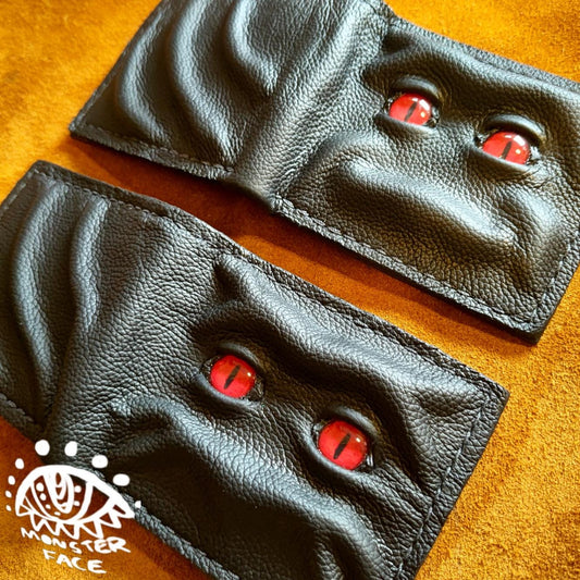Set of two Red eyes Grumpy and Happy Schmuggle face leather wallet - Necromonicon - demon eyes - Leather wallet.