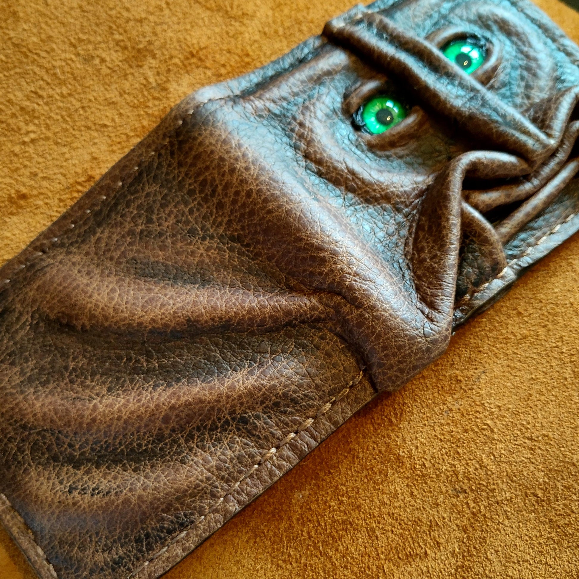 Gnome King -Green eyes brown version - Necromonicon - Oz - demon eyes - monster face - Leather wallet.