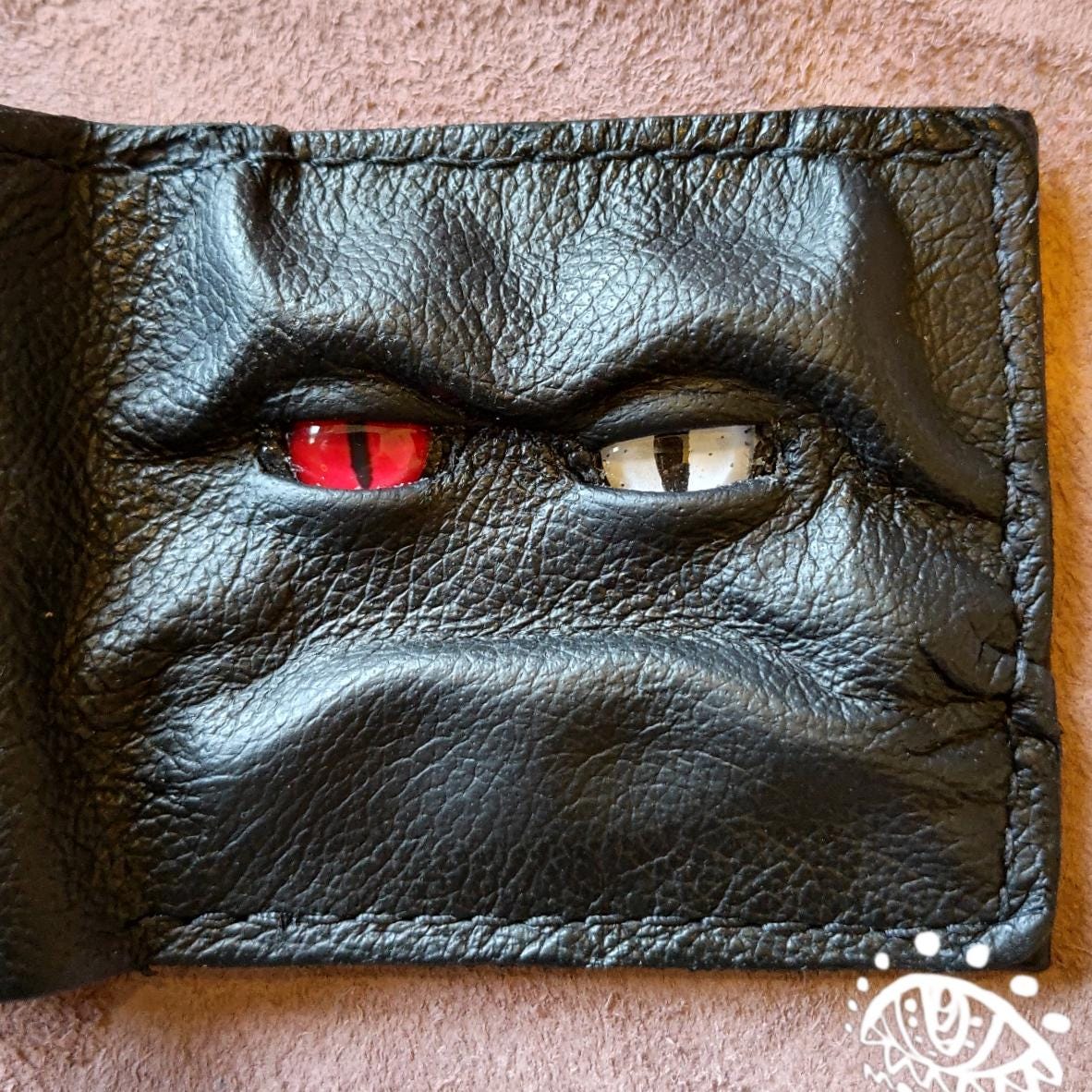 Grumpy red white eyed horned monster face - demon eyes - Leather wallet.