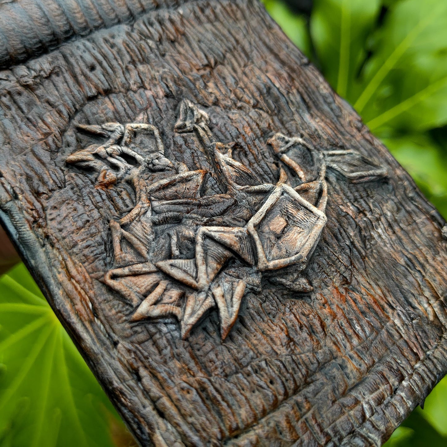 Dark wood style carved Marginalia leather wallet- Dark Brown and ivory colour - Leather Bifold Wallet - Handcrafted