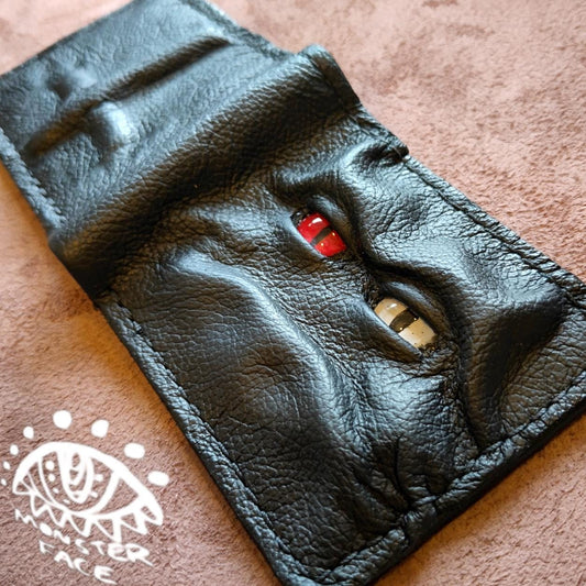 Grumpy red white eyed horned monster face - demon eyes - Leather wallet.