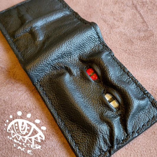 Chilled red white eyed horned monster face - demon eyes - Leather wallet.