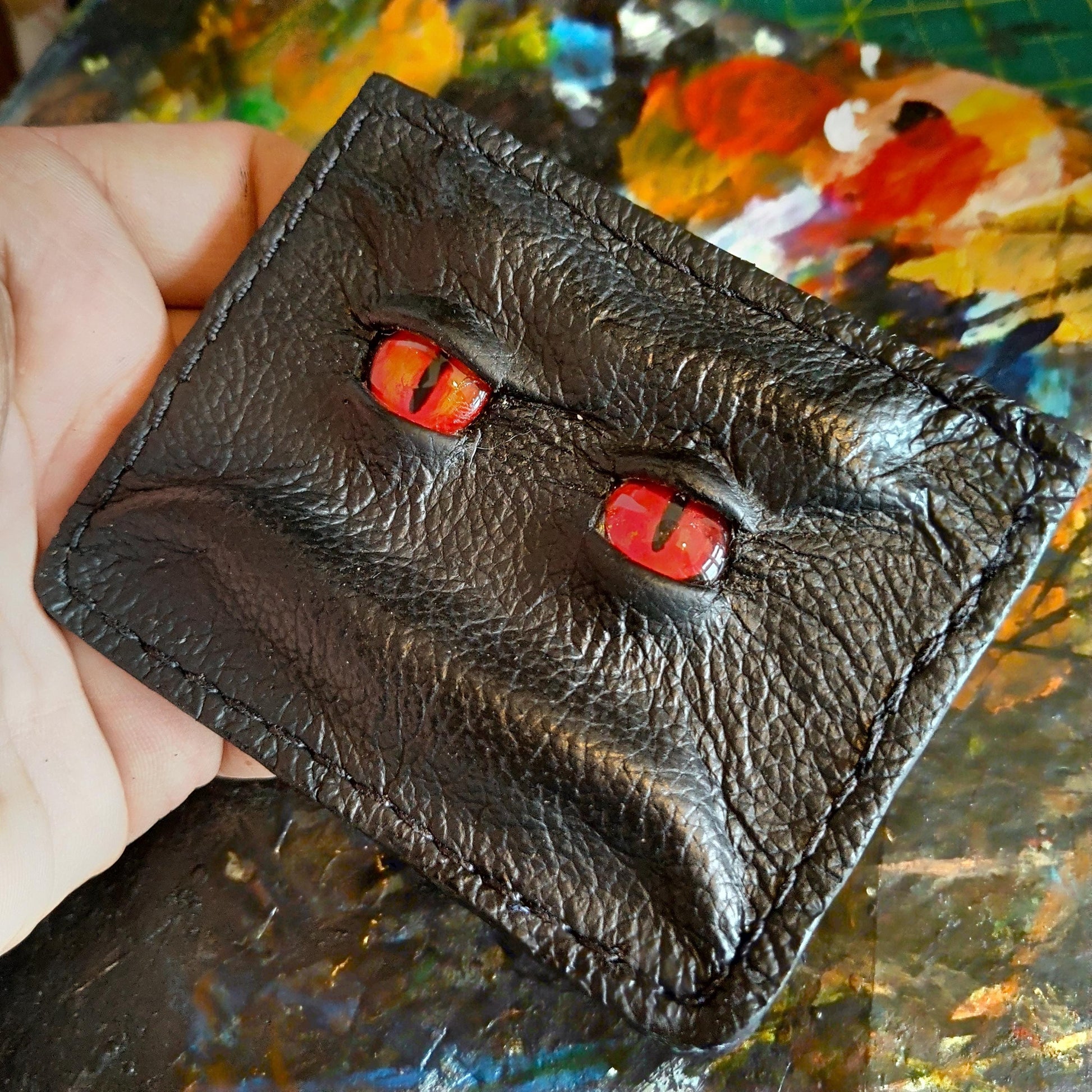 Enderman eyes -Slim card holder wallet - Shmuggle face - Necromonicon - demon eyes - Leather.