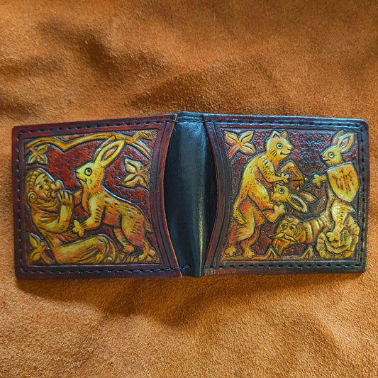 Marginalia medieval rabbit jousting - leather wallet- Dark Brown and ivory colour - Leather Bifold Wallet - Handcrafted