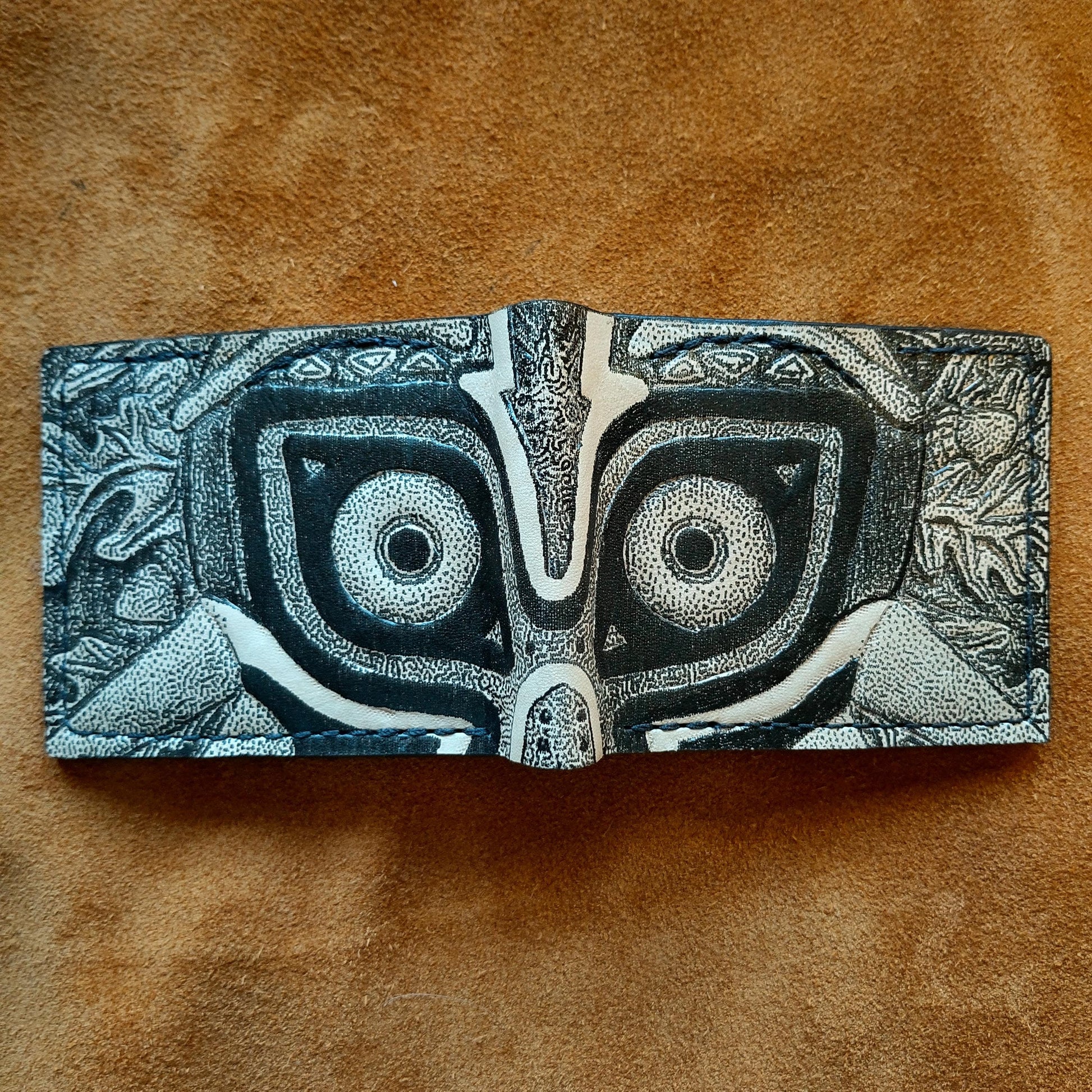 Stippled Majoras Mask leather wallet- - Leather Bifold Wallet - Handcrafted Legend of Zelda Wallet -