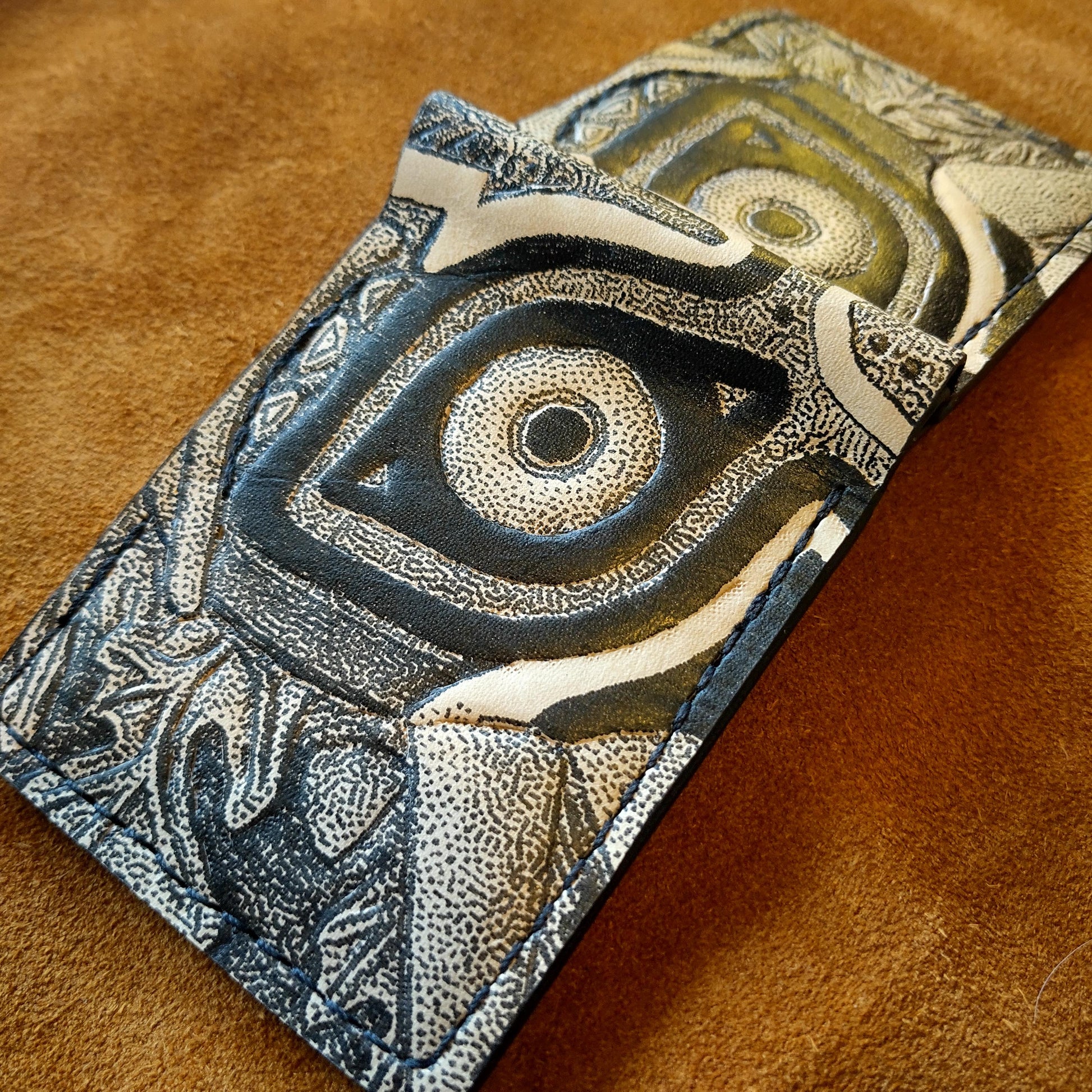 Stippled Majoras Mask leather wallet- - Leather Bifold Wallet - Handcrafted Legend of Zelda Wallet -