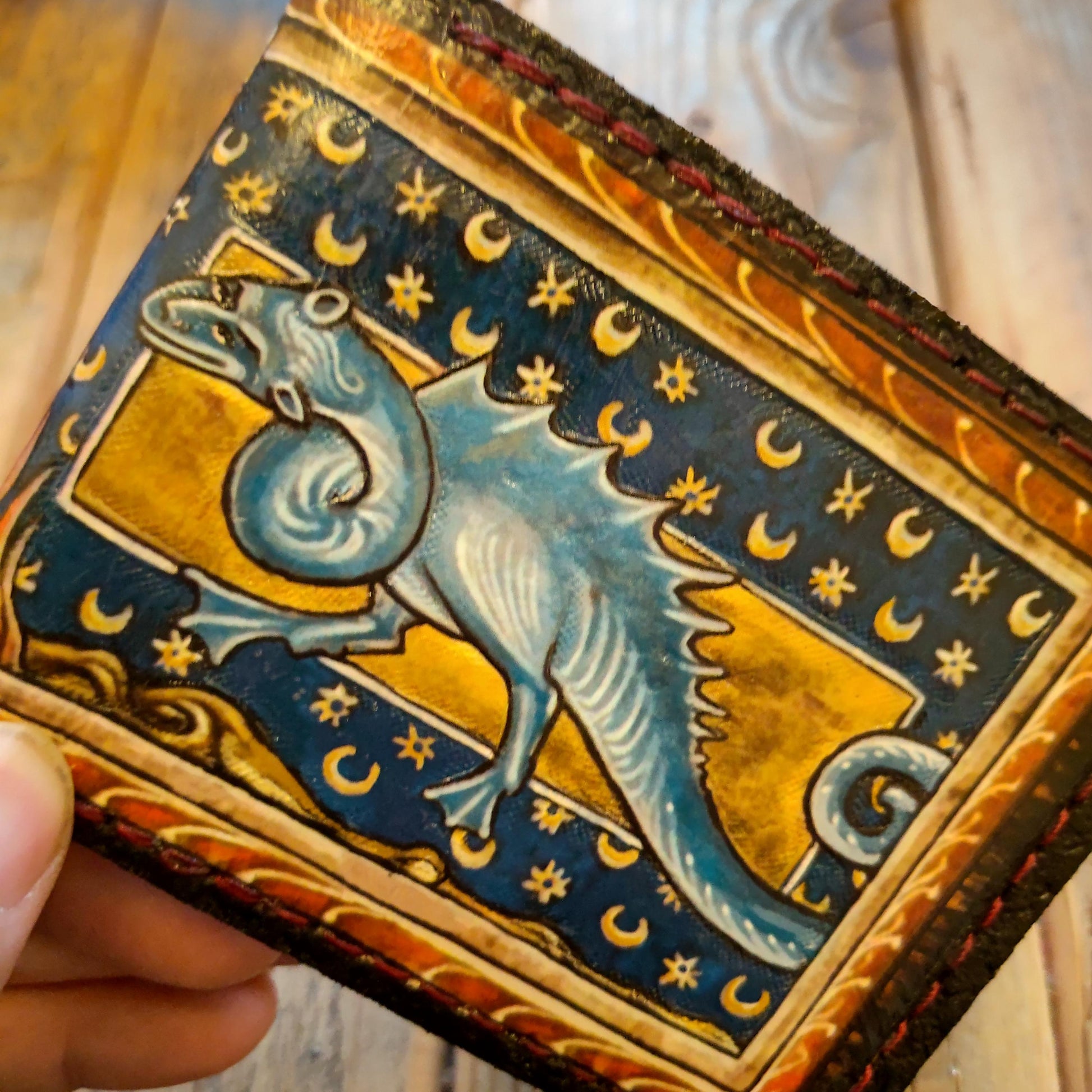 Marginalia medieval knight, lady and dragon - leather wallet- Leather Bifold Wallet - Handcrafted