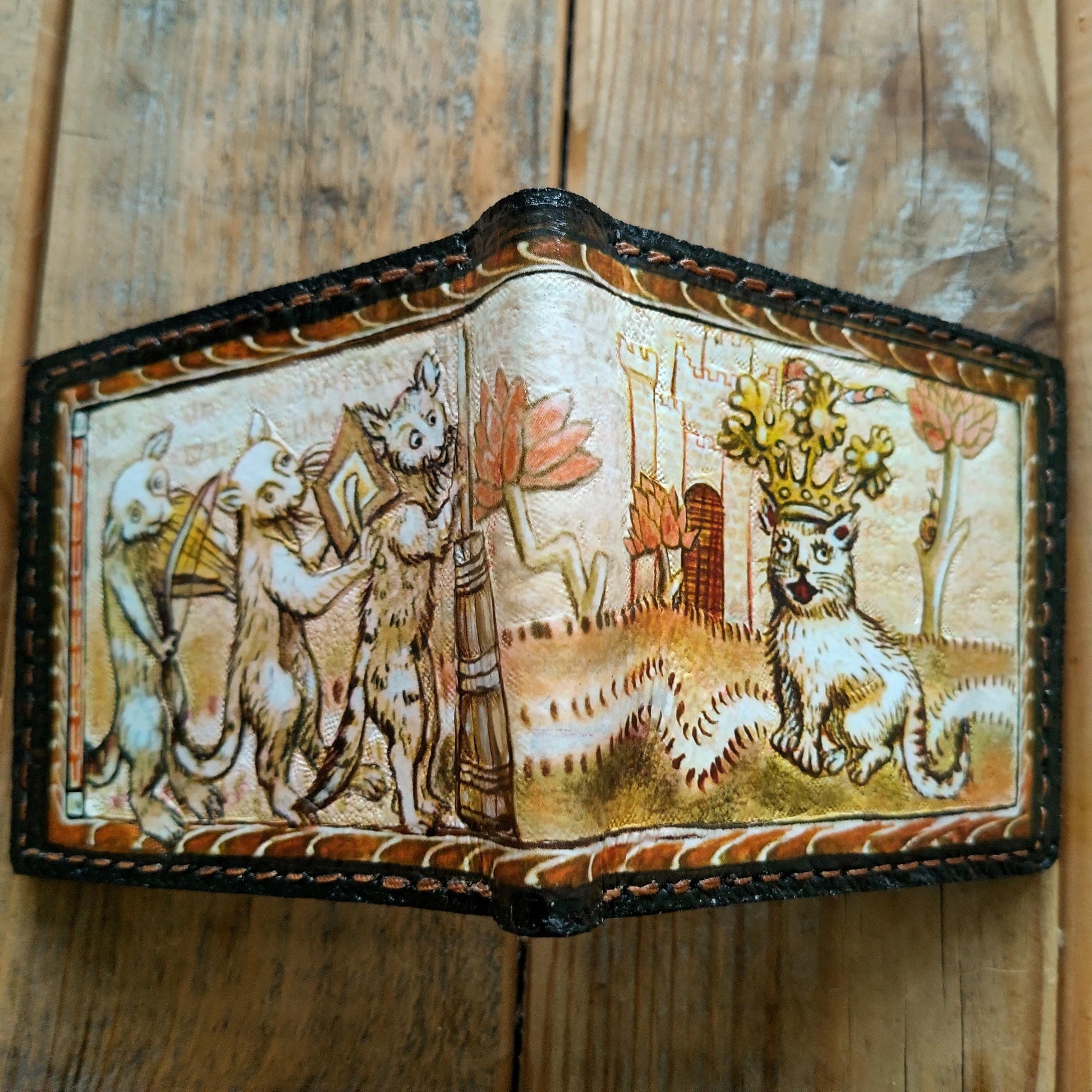 Song of the Cat King 2 - Marginalia medieval - leather wallet- Dark Brown and ivory colour - Leather Bifold Wallet - Handcrafted