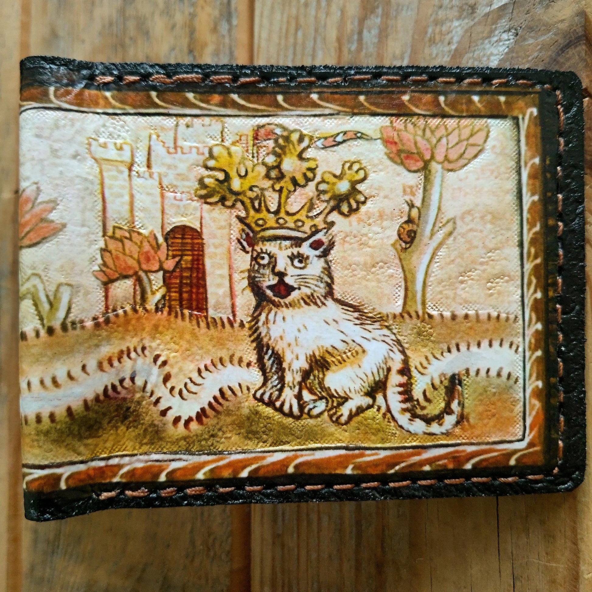 Song of the Cat King 2 - Marginalia medieval - leather wallet- Dark Brown and ivory colour - Leather Bifold Wallet - Handcrafted