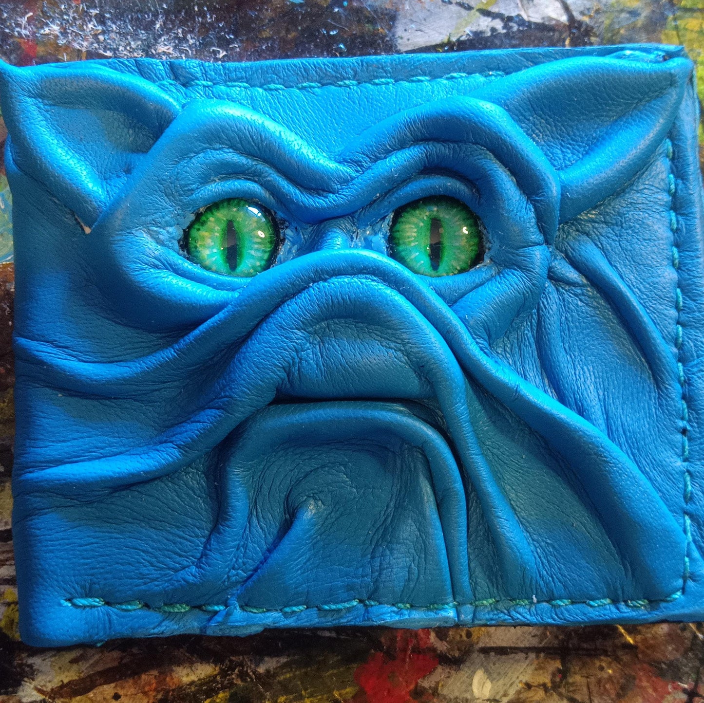 Blue Bat cat monster face leather wallet - demon eyes - Leather wallet.