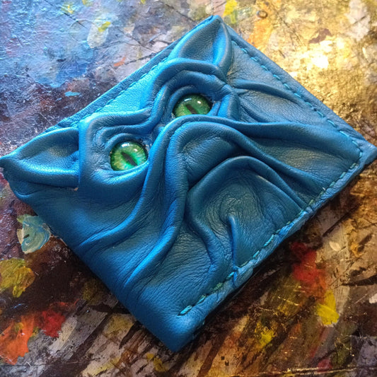 Blue Bat cat monster face leather wallet - demon eyes - Leather wallet.