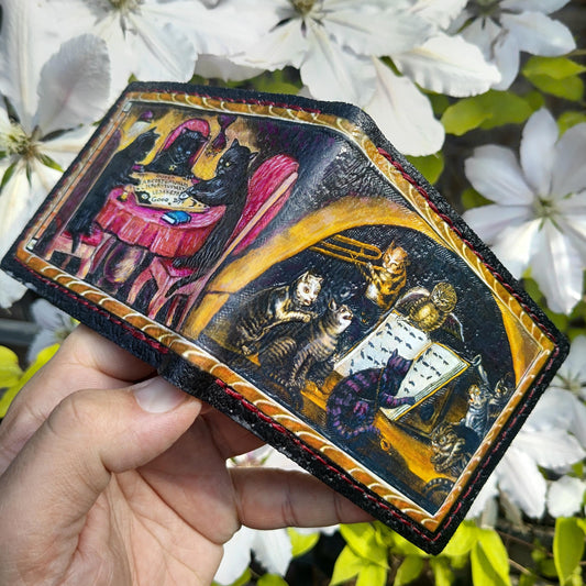 Spooky medieval cats leather wallet - Marginalia medieval - Leather Bifold Wallet - Handcrafted