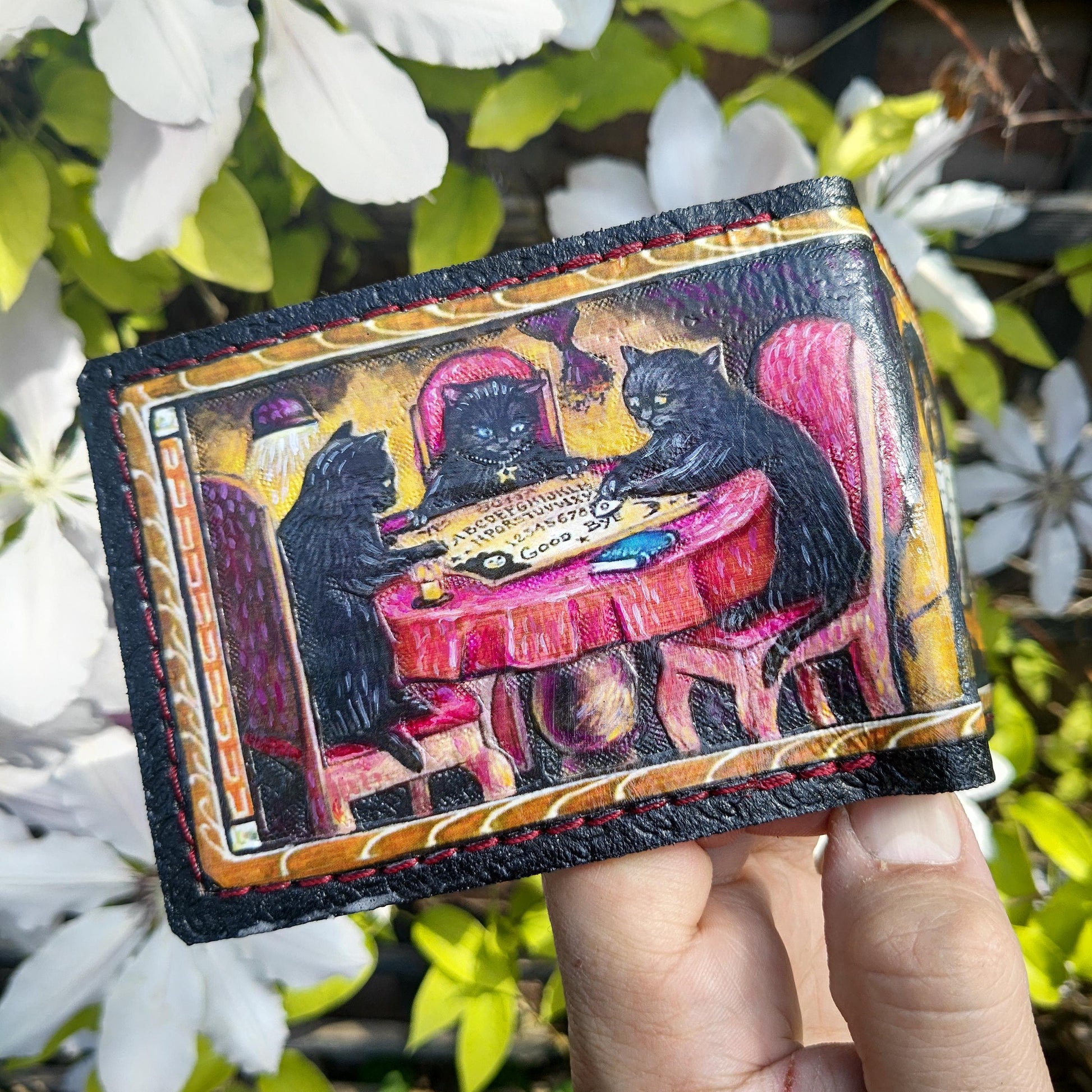 Spooky medieval cats leather wallet - Marginalia medieval - Leather Bifold Wallet - Handcrafted