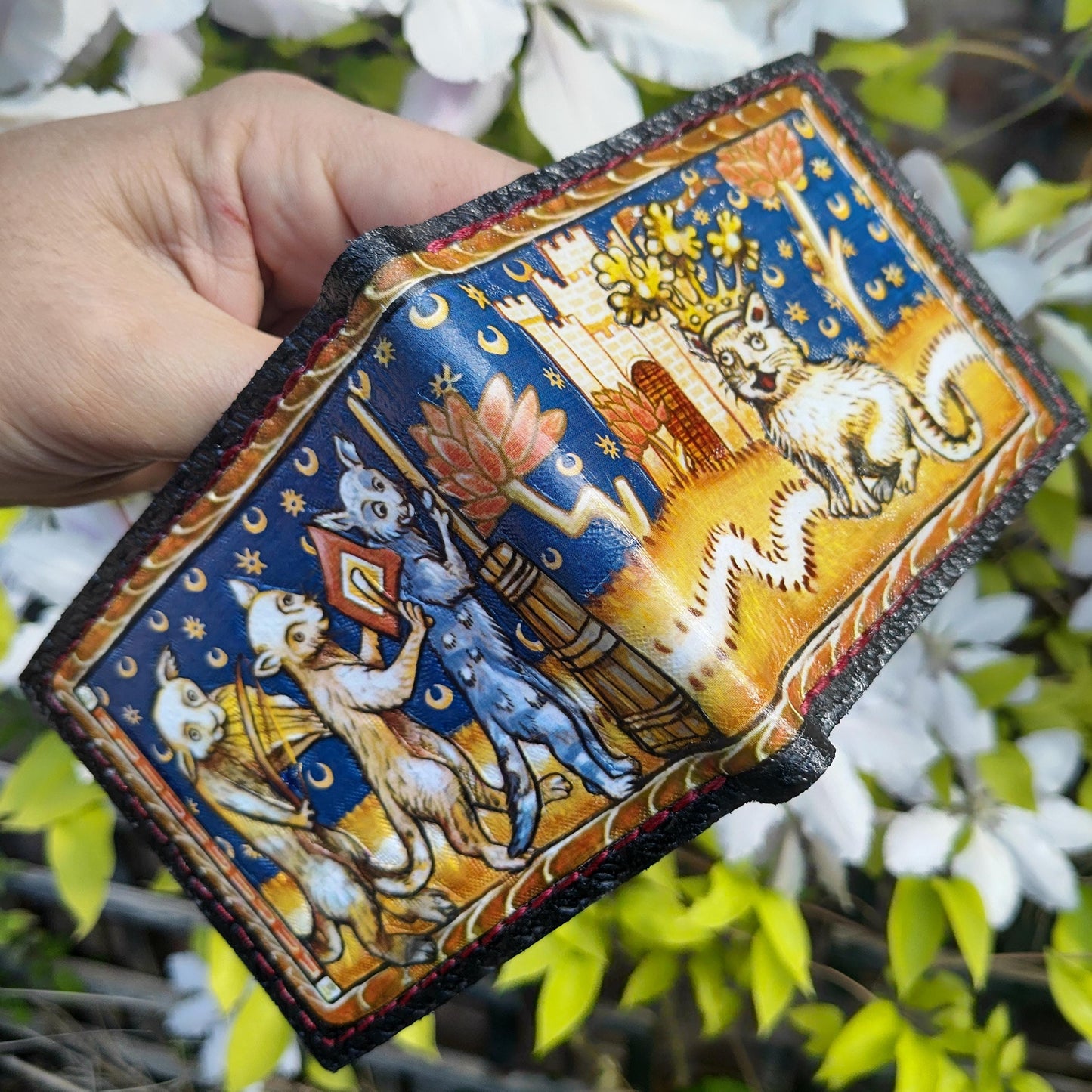 Song of the Cat King 3 night - Marginalia medieval - leather wallet- Dark Brown and ivory colour - Leather Bifold Wallet - Handcrafted