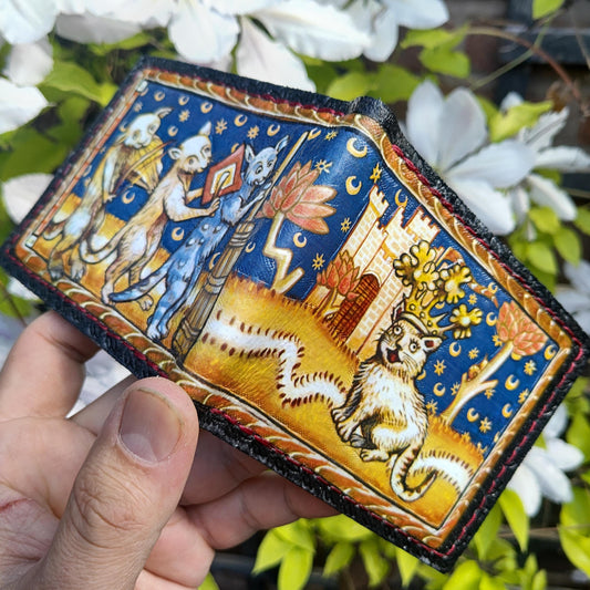 Song of the Cat King 3 night - Marginalia medieval - leather wallet- Dark Brown and ivory colour - Leather Bifold Wallet - Handcrafted