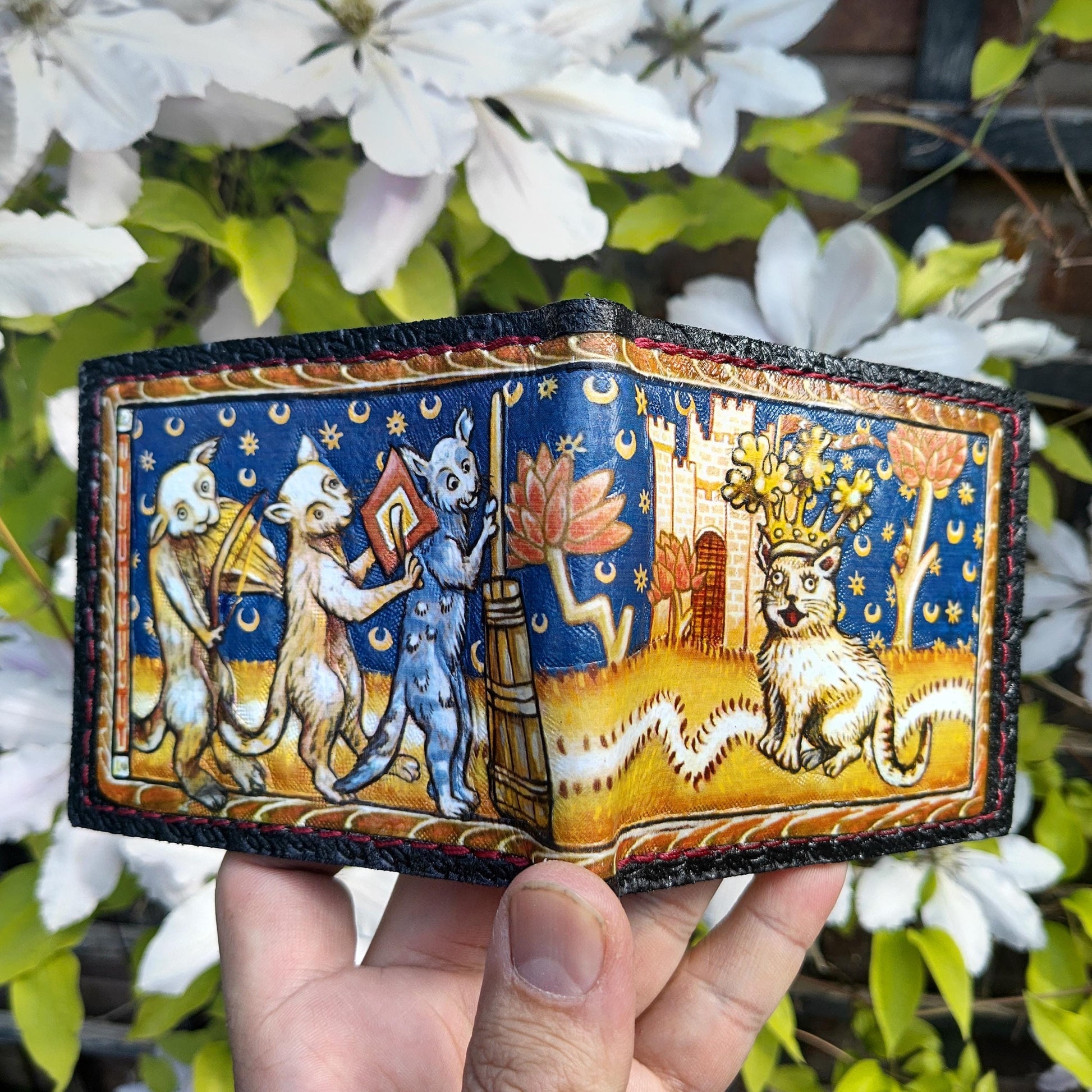 Song of the Cat King 3 night - Marginalia medieval - leather wallet- Dark Brown and ivory colour - Leather Bifold Wallet - Handcrafted