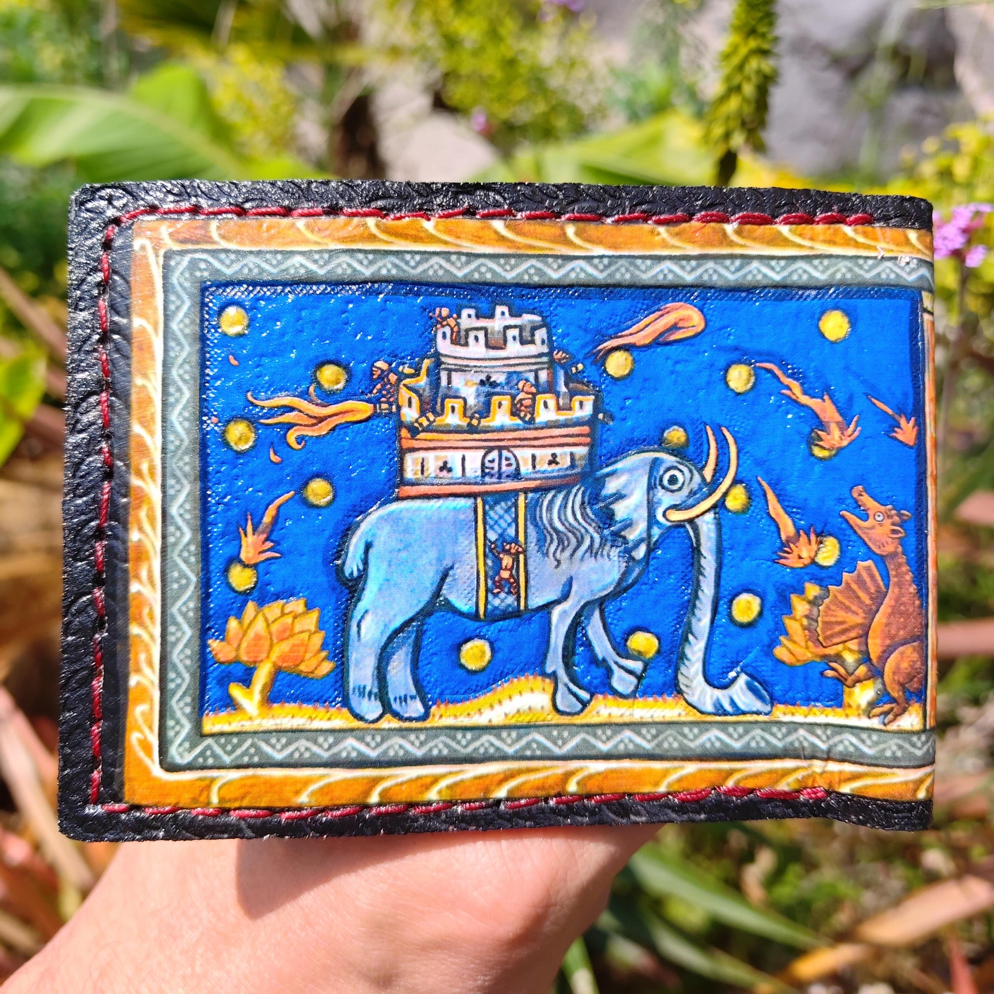 Castle Elephant marginalia leather wallet- Leather Bifold Wallet - Handcrafted
