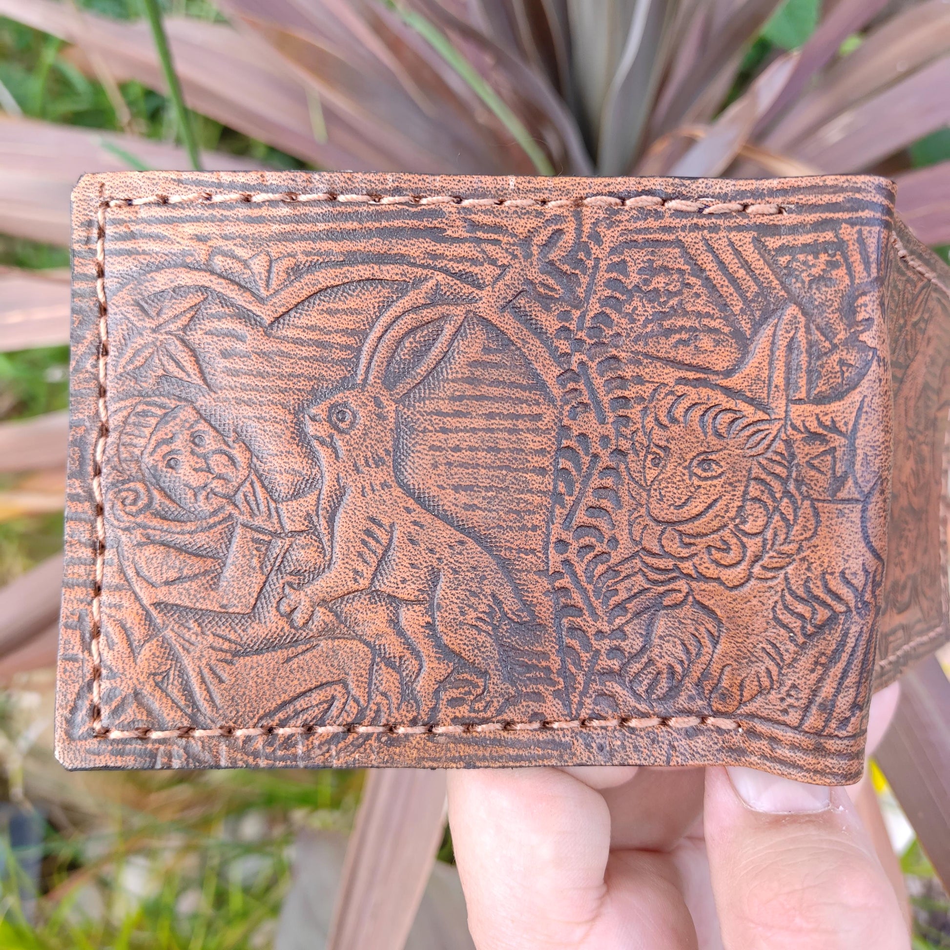 Marginalia medieval party - rabbits cats and snail v1 - leather wallet- Dark Brown and ivory colour - Leather Bifold Wallet - Handcrafted