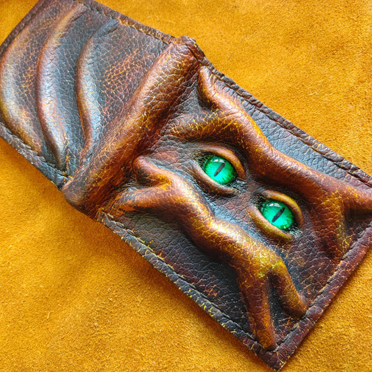 Green eyed monster leather wallet version 2 - Necromonicon - demon eyes - Leather wallet.