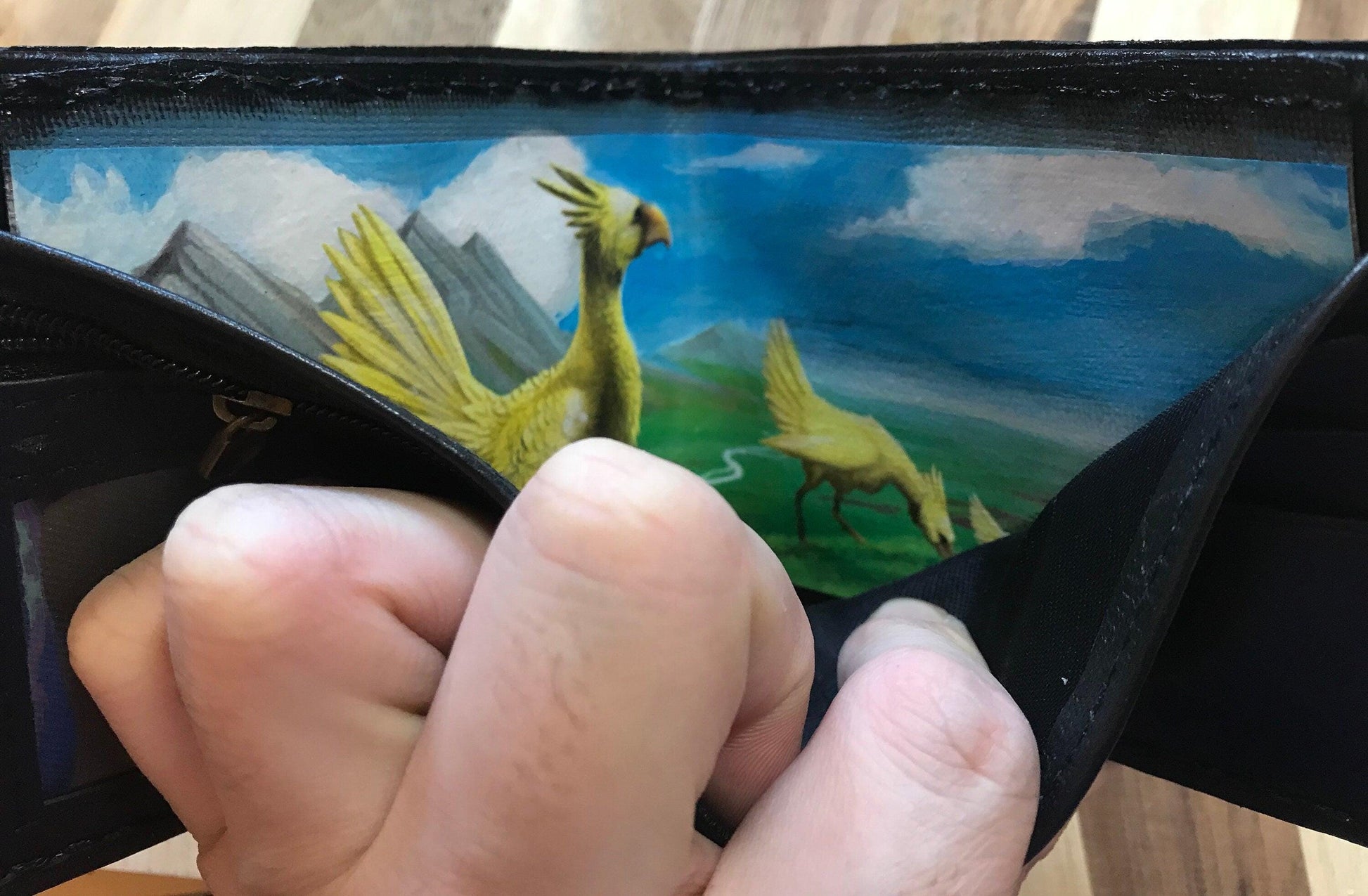 Chocobo and baby, Mog and moogle messenger - cerulean - dark brown Leather Bifold Wallet - Handcrafted Final Fantasy 14 inspired Wallet -