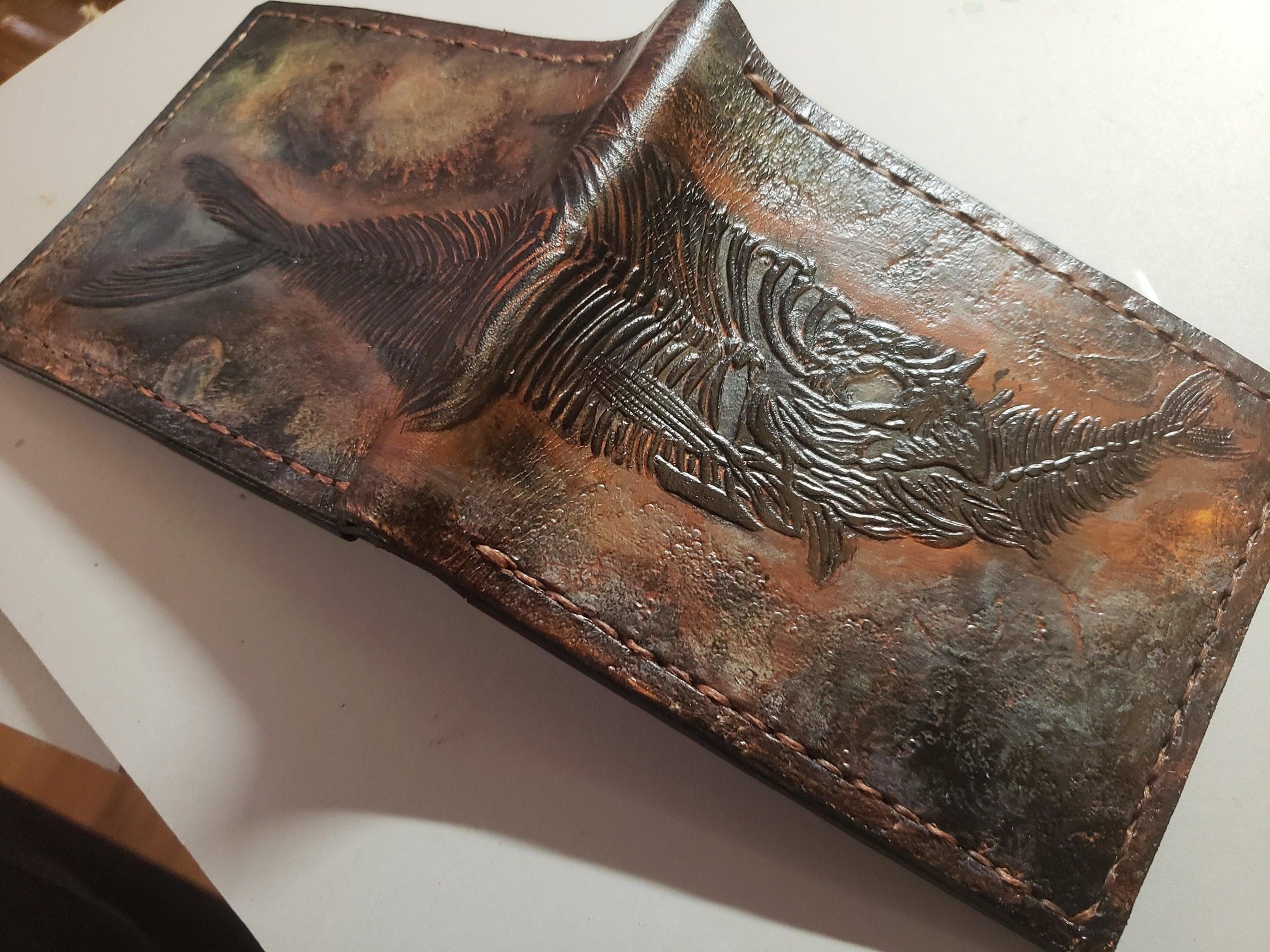 Fish Fossil - Leather Bifold Wallet - you choose mettalic gold, brown or black for the fossil -