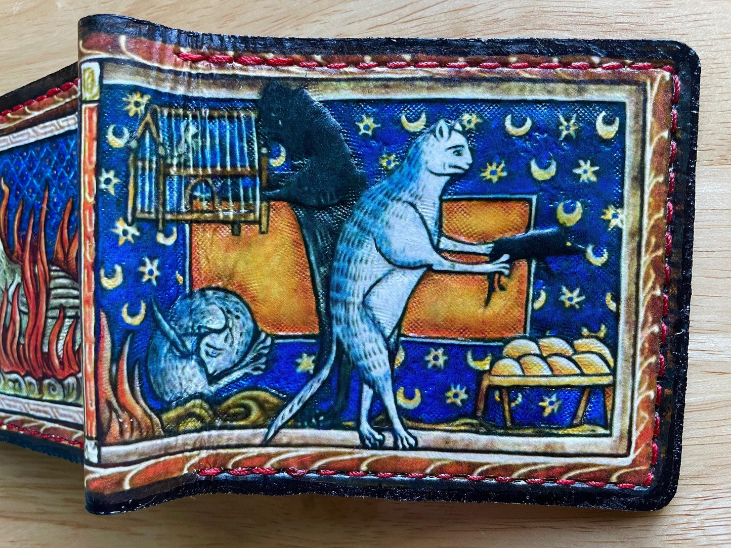 Marginalia medieval cats - leather wallet- Dark Brown and ivory colour - Leather Bifold Wallet - Handcrafted