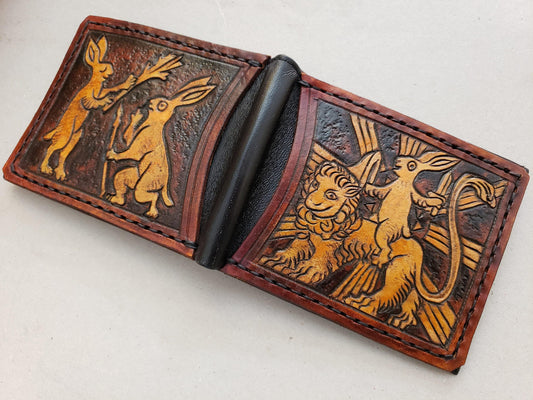 Marginalia medieval rabbits - leather wallet- Dark Brown and ivory colour - Leather Bifold Wallet - Handcrafted