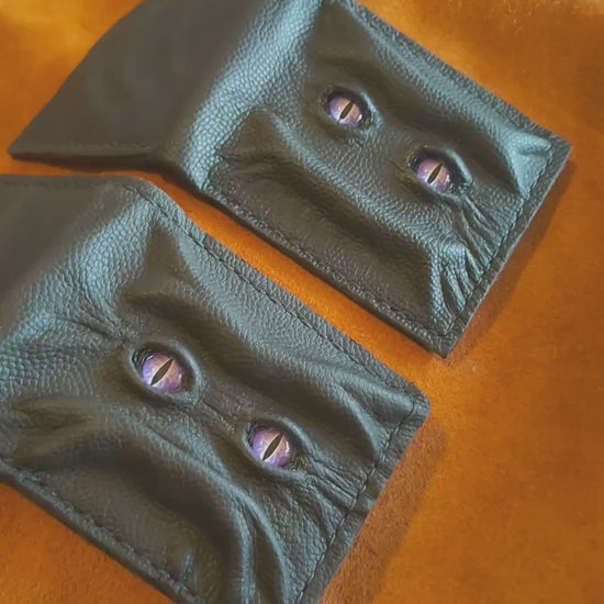 Set of two Purple eyes Grumpy and Happy  Schmuggle face leather wallet - Necromonicon - demon eyes - Leather wallet.