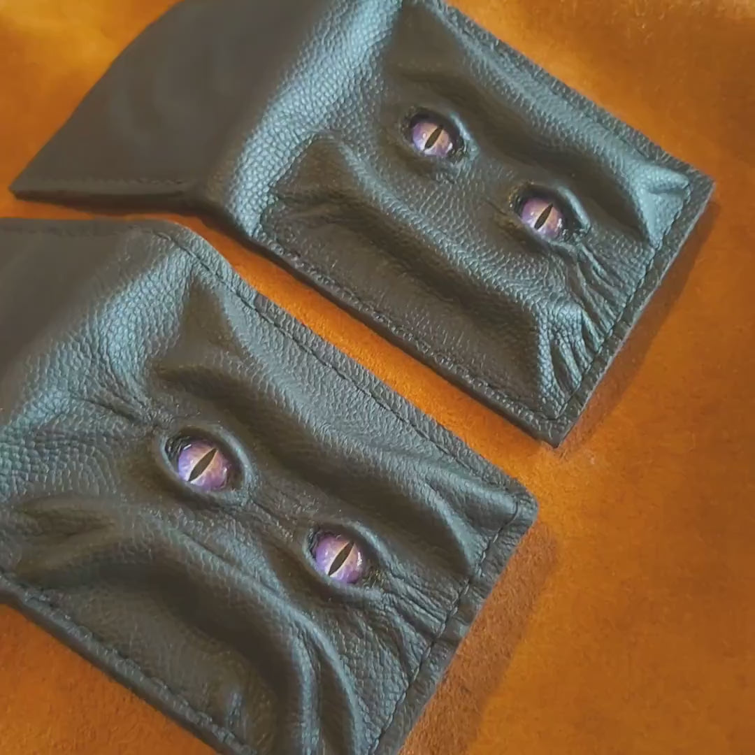 Set of two Purple eyes Grumpy and Happy  Schmuggle face leather wallet - Necromonicon - demon eyes - Leather wallet.