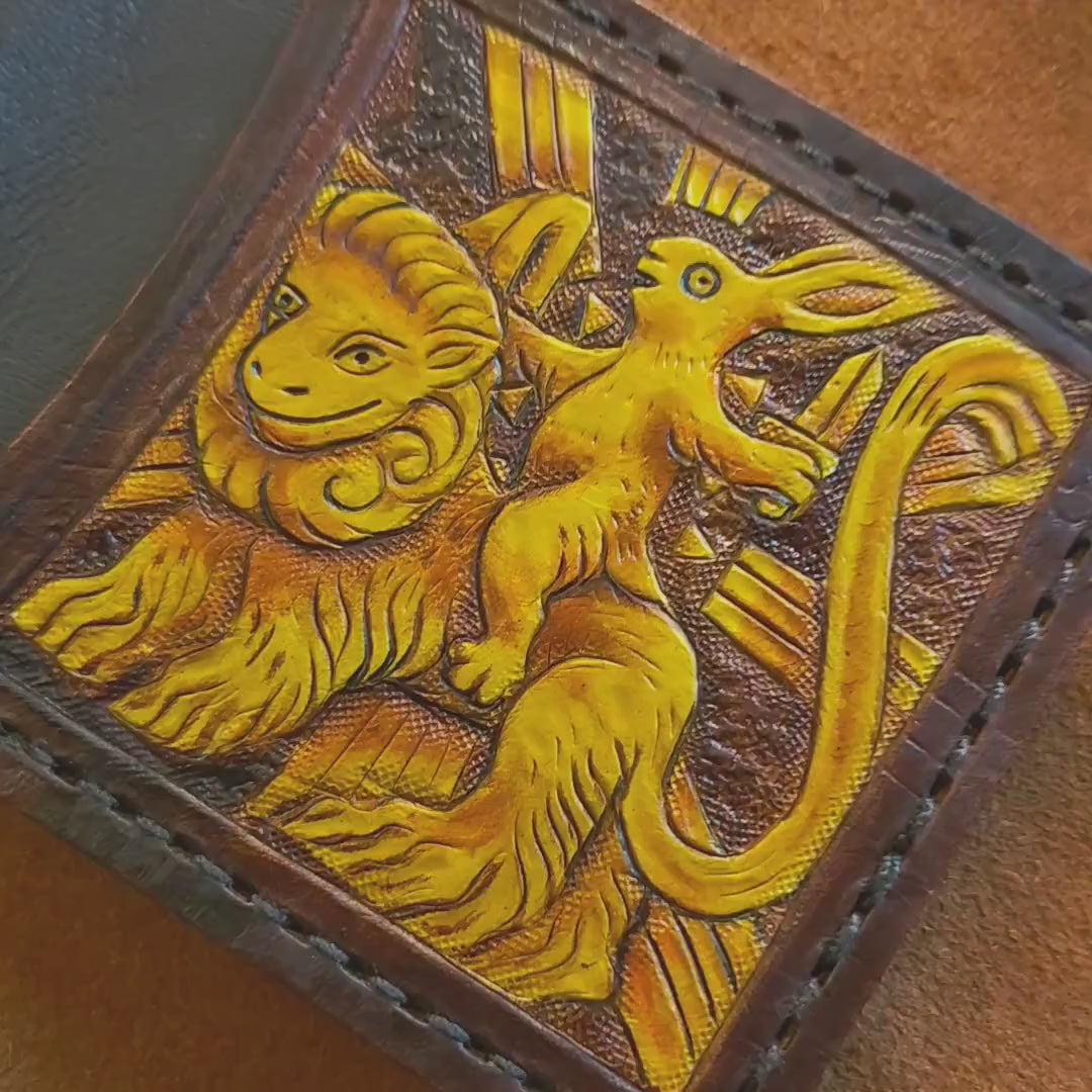 Marginalia medieval rabbits - lion jockey - leather wallet- Dark Brown and ivory colour - Leather Bifold Wallet - Handcrafted