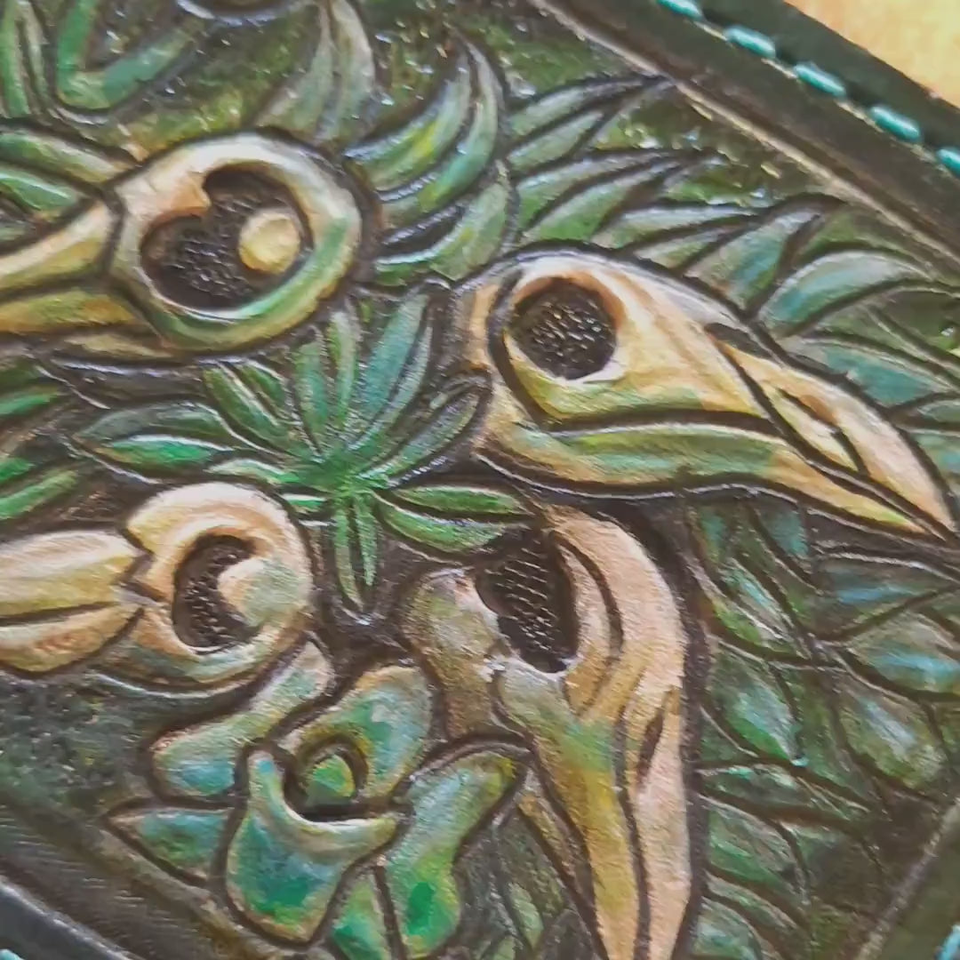 Green Crow Skull - Leather Bifold Wallet - Handcrafted Skull Wallet -