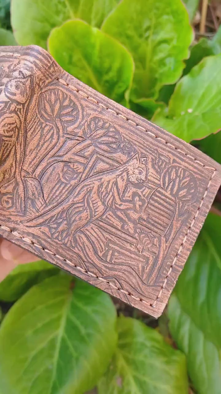 Marginalia medieval party v2 - rabbits cats and snail v2 - leather wallet- Dark Brown and ivory colour - Leather Bifold Wallet - Handcrafted