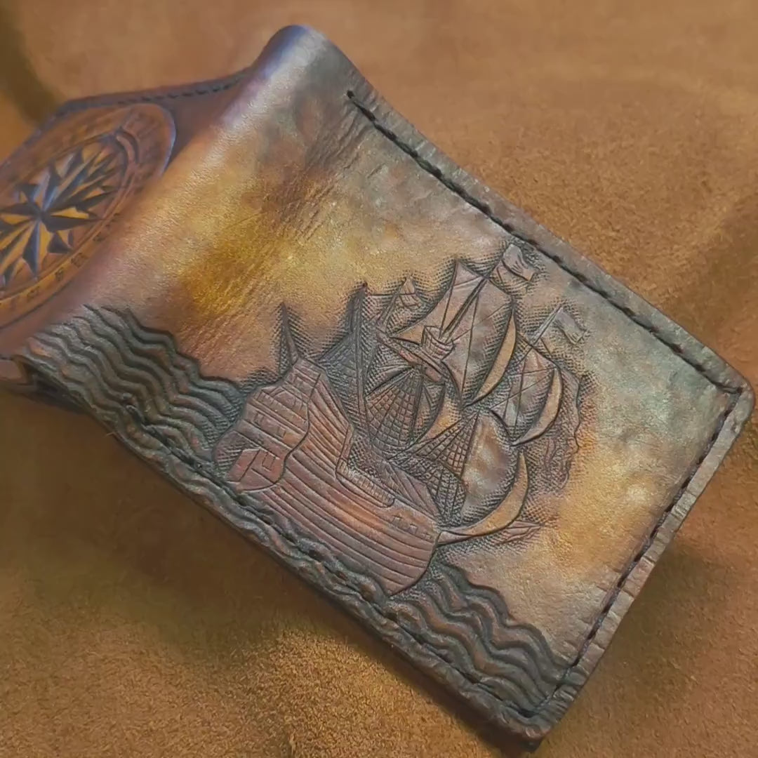 Wanderlust - Galleon - Sea fairer - Compass - TravelLeather Bifold Wallet - Handcrafted Skull Wallet -
