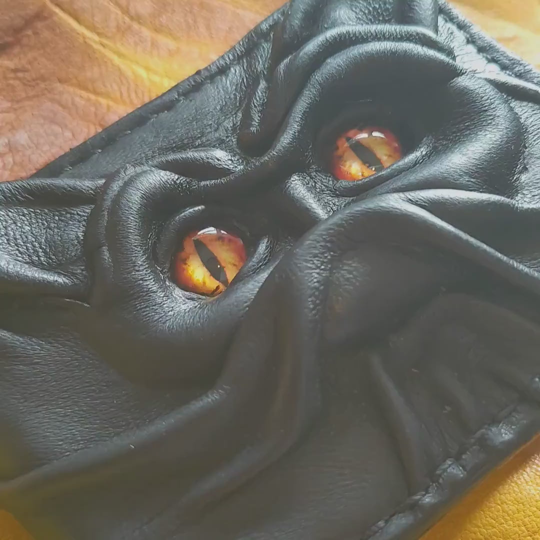 Bat cat monster face leather wallet - demon eyes - Leather wallet.