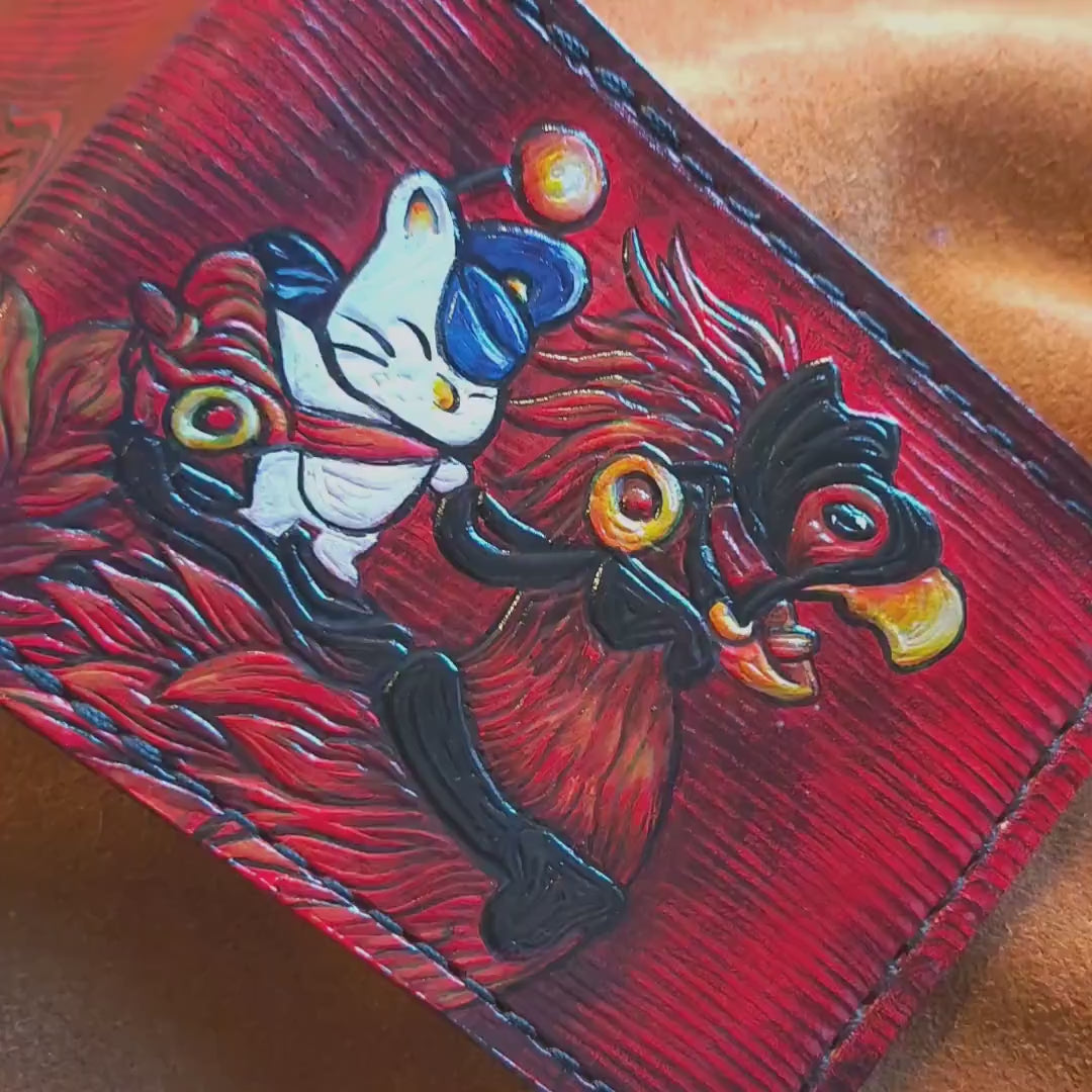 FF14 Red Chocobo and moogle Rider - dark brown Leather Bifold Wallet - Handcrafted Final Fantasy 14 inspired Wallet -
