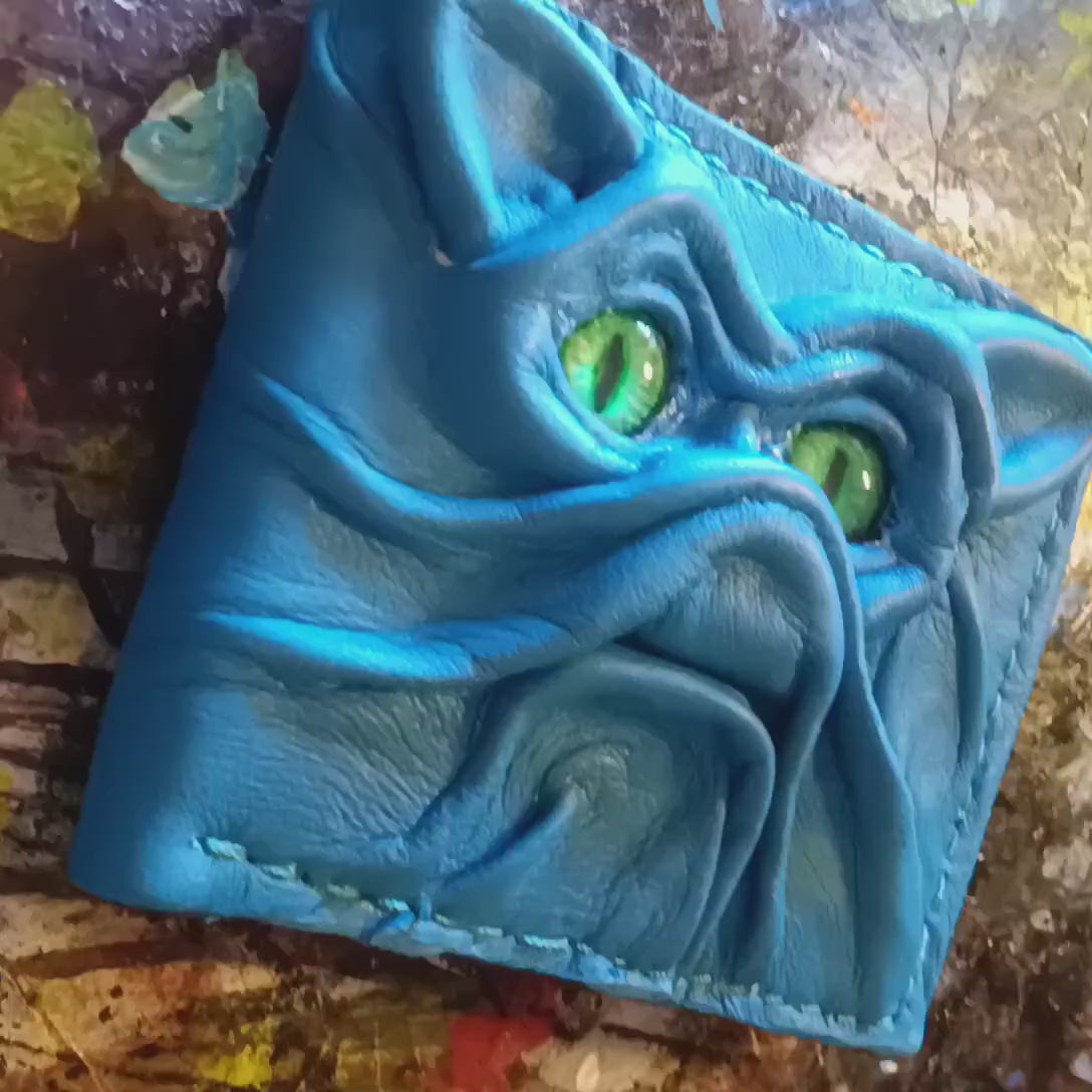 Blue Bat cat monster face leather wallet - demon eyes - Leather wallet.
