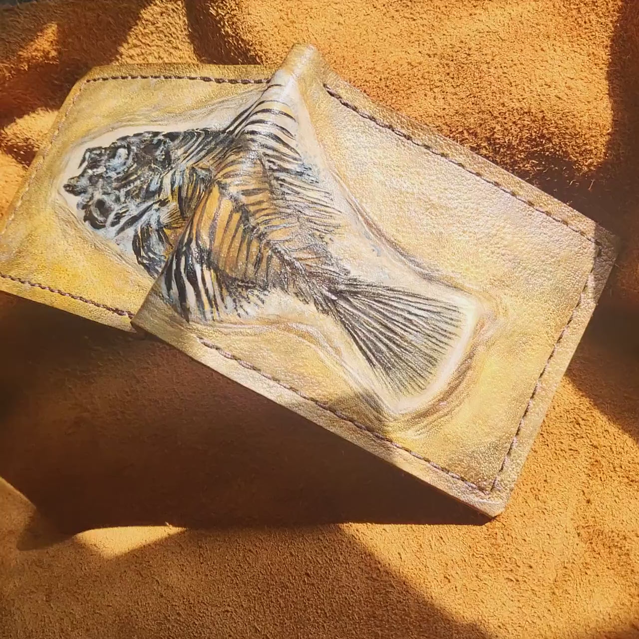Priscacara Fish Fossil - Leather Bifold Wallet - you choose mettalic gold, brown or black for the fossil -